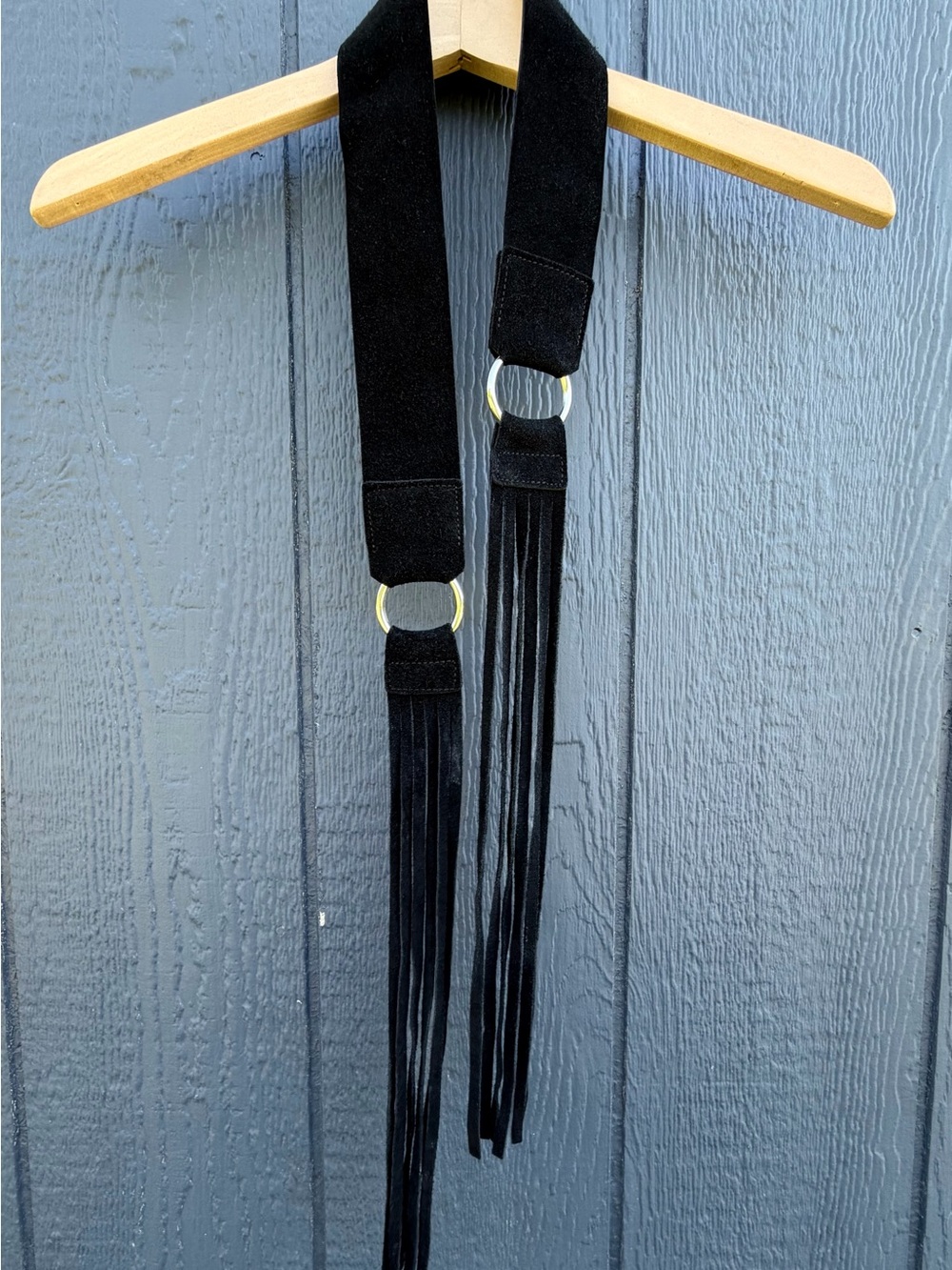 Black Suede Fringe Belt with Gold Rings